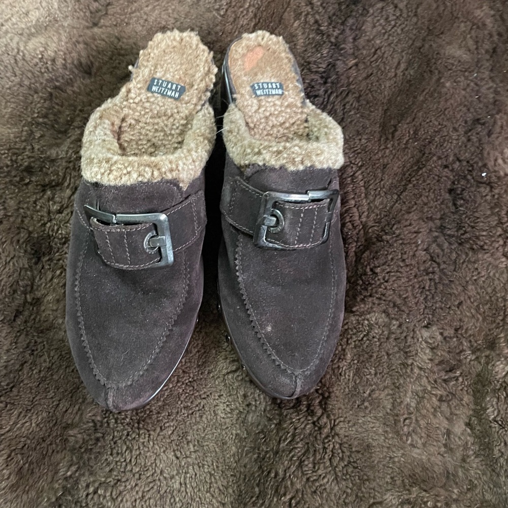 Stuart Weitzman Dark Brown Suede Shearling-Lined Mules Clogs Shoes